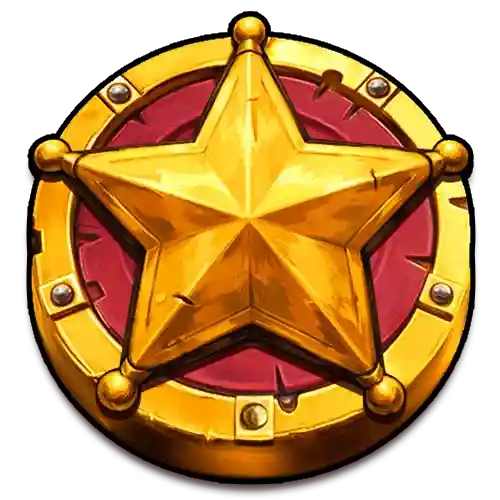 Golden sheriff badge icon on red background.
