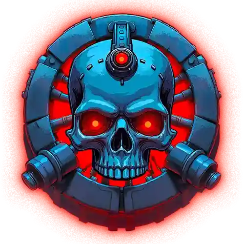 Cyberpunk skull icon glowing red inside a mechanical ring.