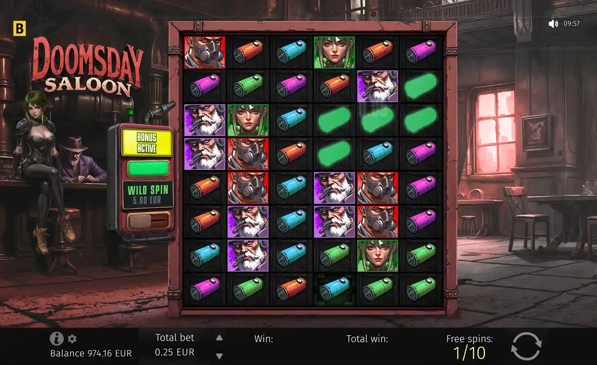 Slot game screen showing symbols, Wild Spin active, and bar scene.