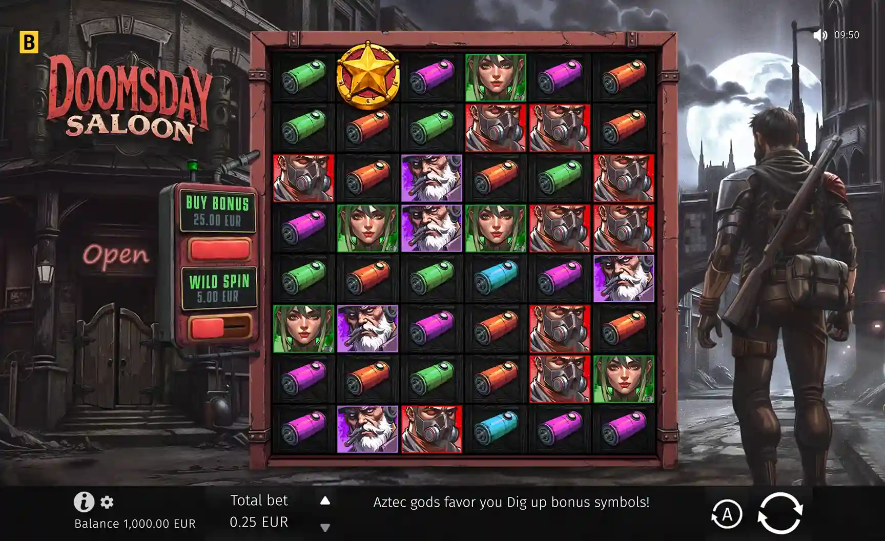 Game board with scatter symbol and a full moon backdrop behind a soldier.