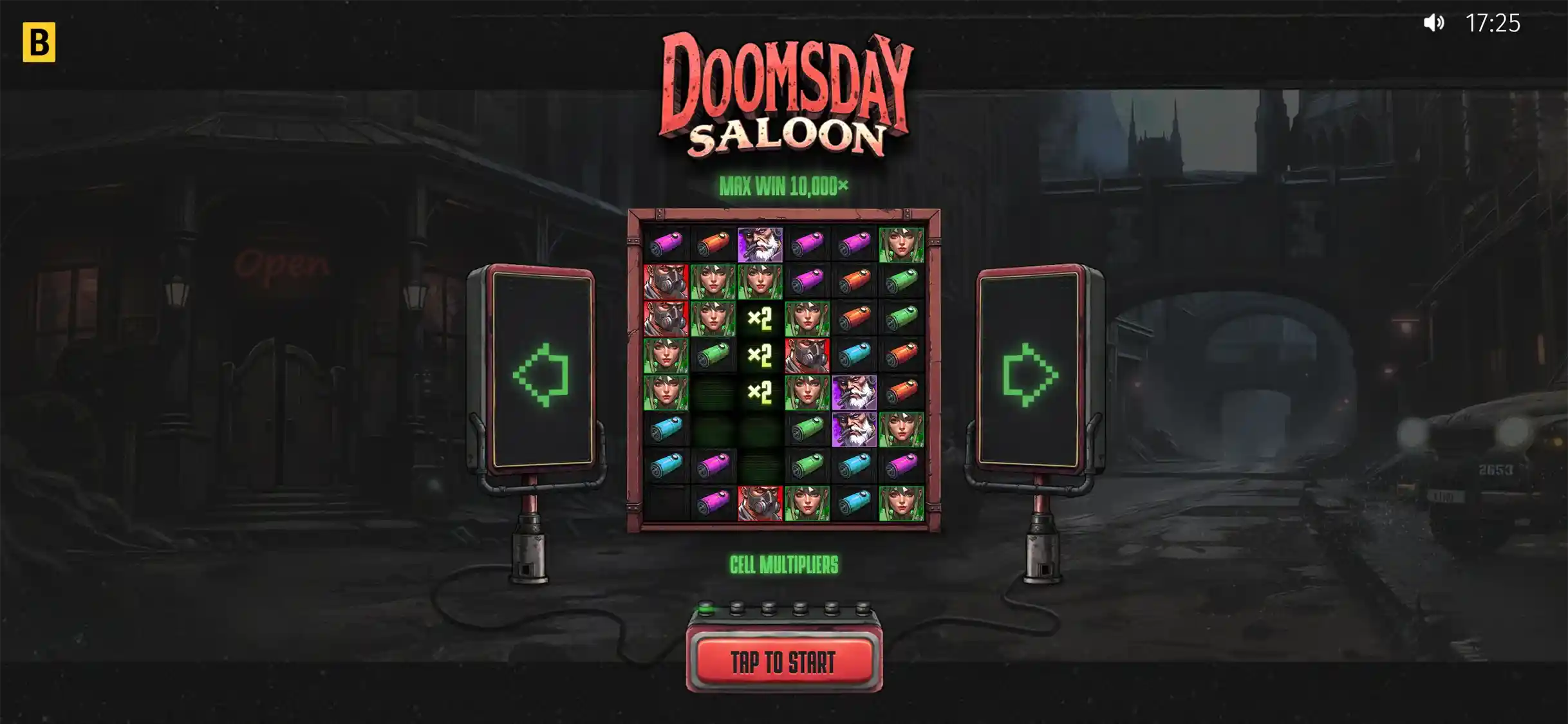 Slot game interface showing cluster symbols and green arrow buttons.