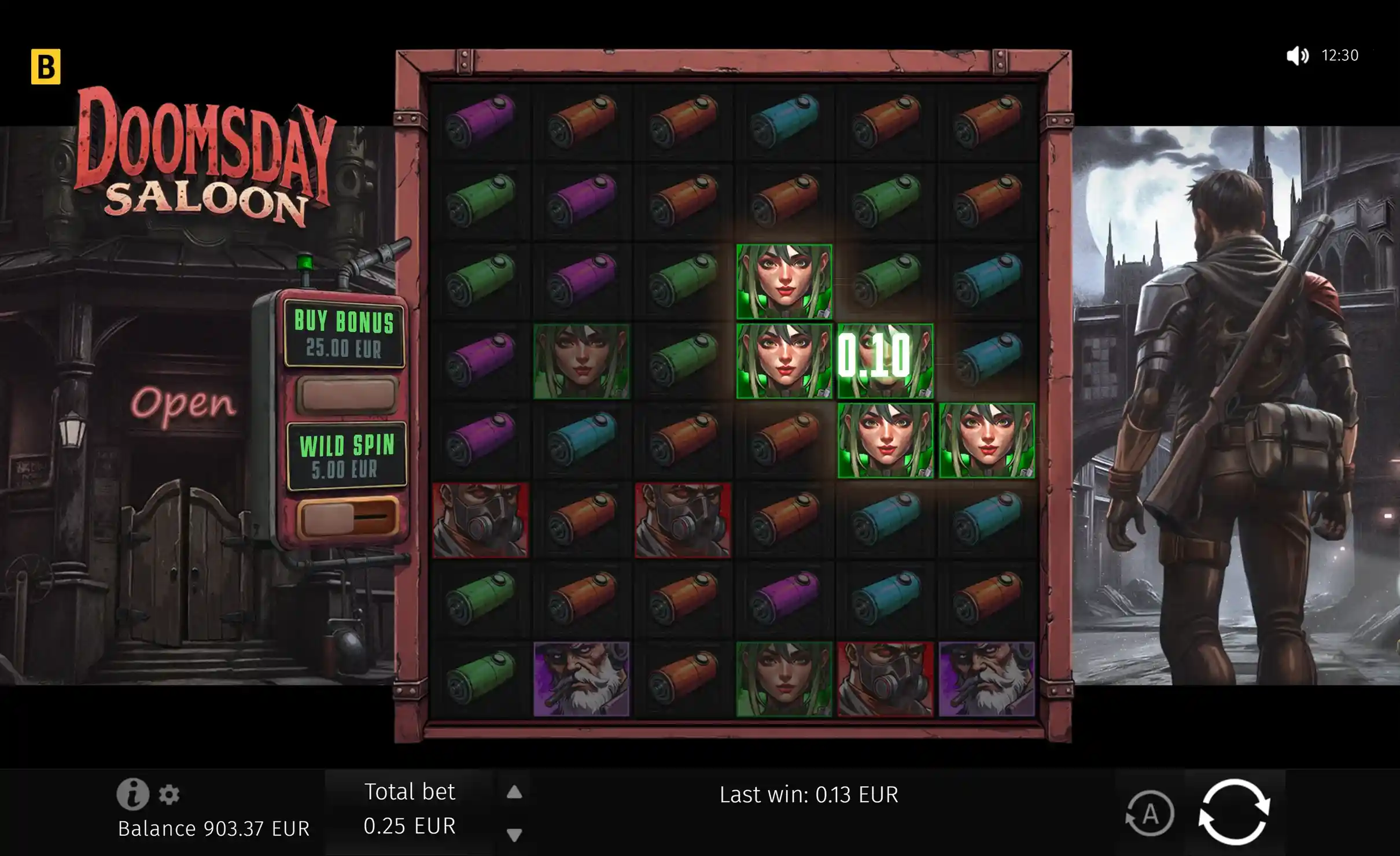 Slot game board with Buy Bonus and Wild Spin buttons.