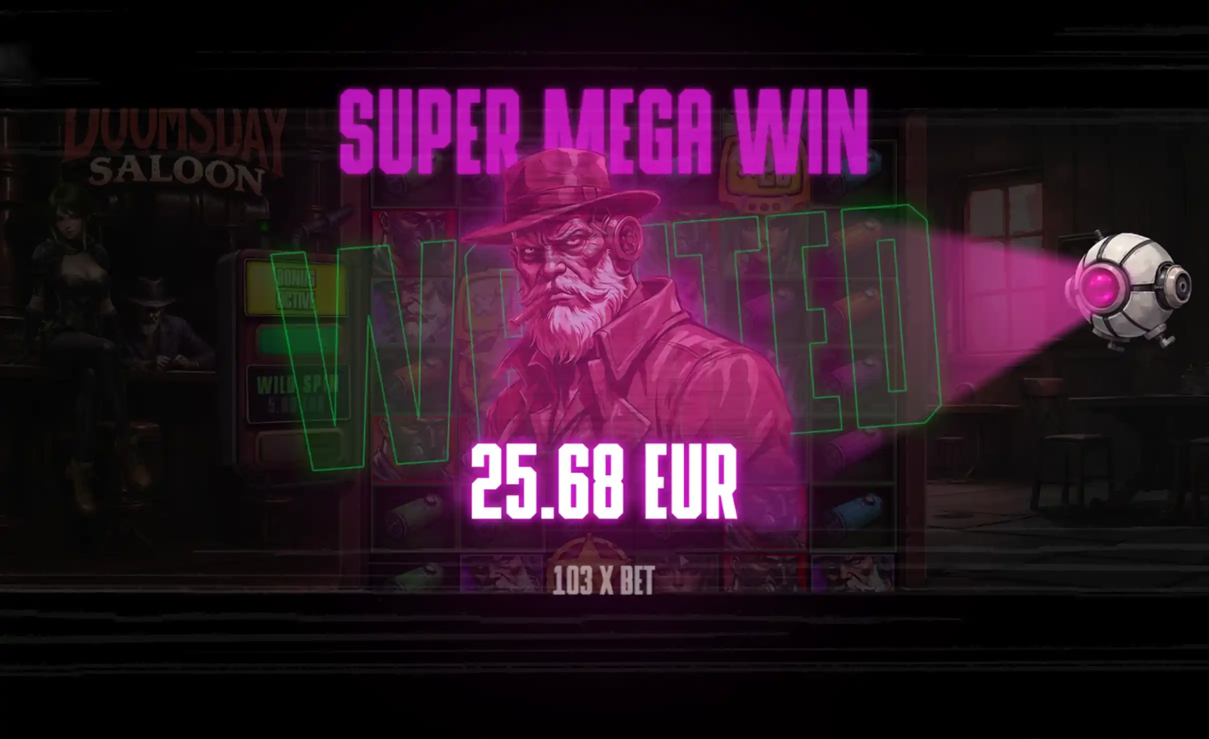 Super Mega Win screen featuring white-bearded man and pink neon text.