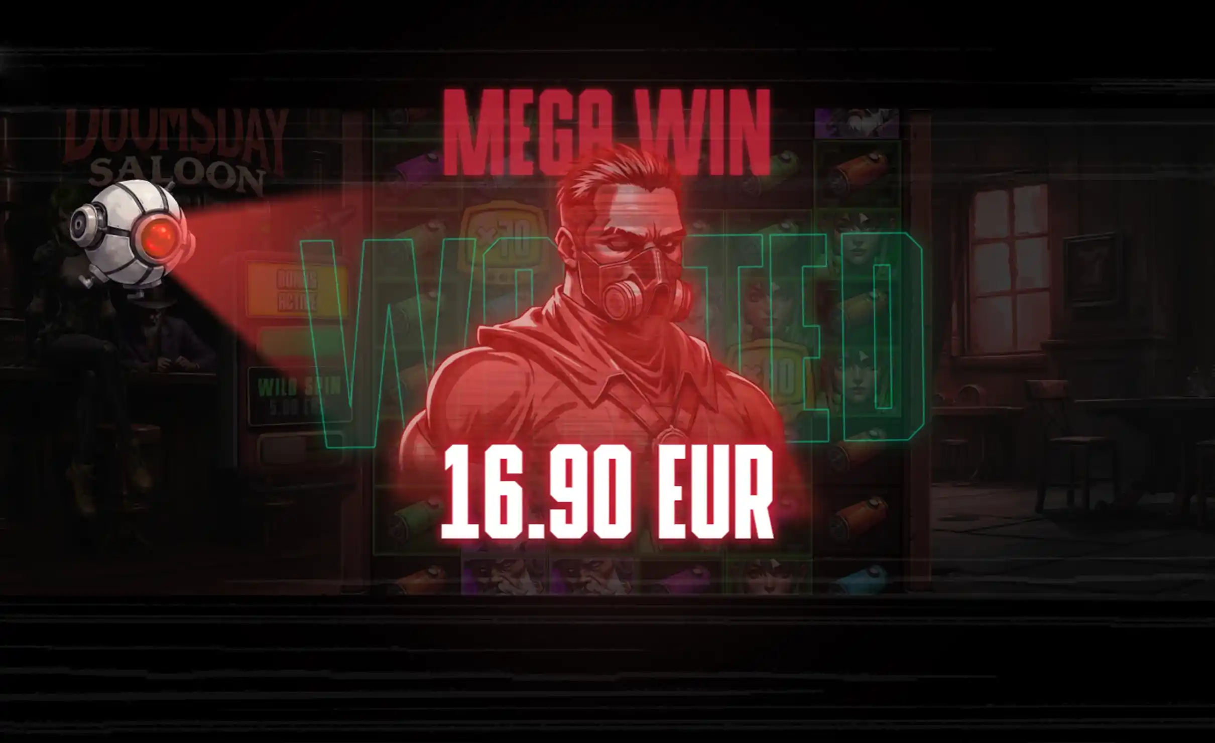 Mega Win screen with masked man highlighted by red robotic spotlight.