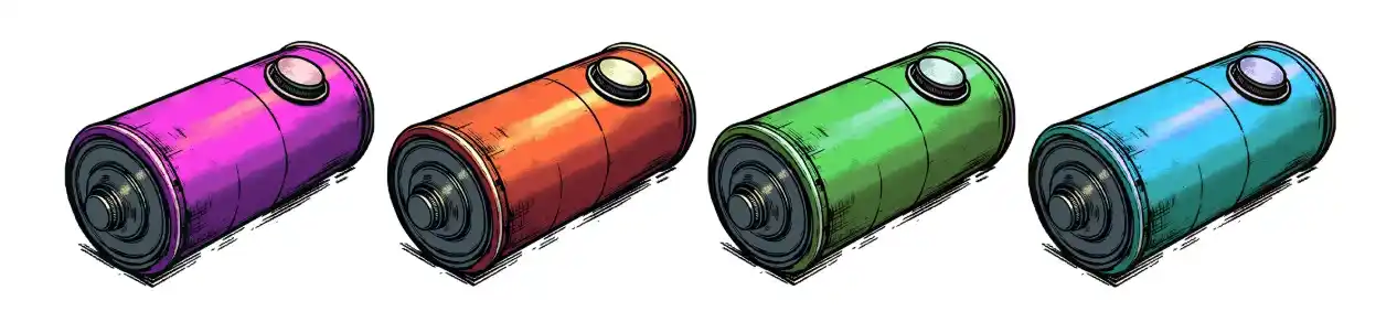 Close-up illustrations of colorful battery symbols.